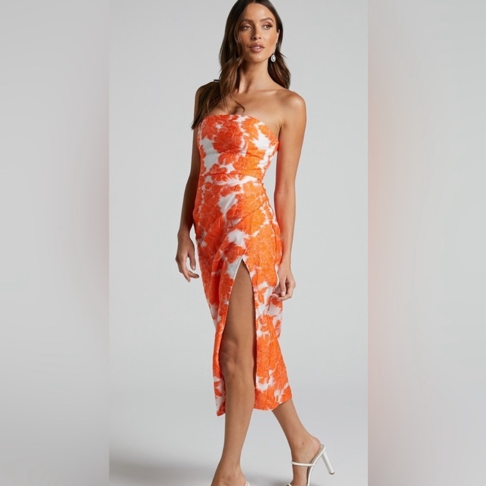 Showpo Brailey Midi Dress in Jacquard Orange and White Floral size 8